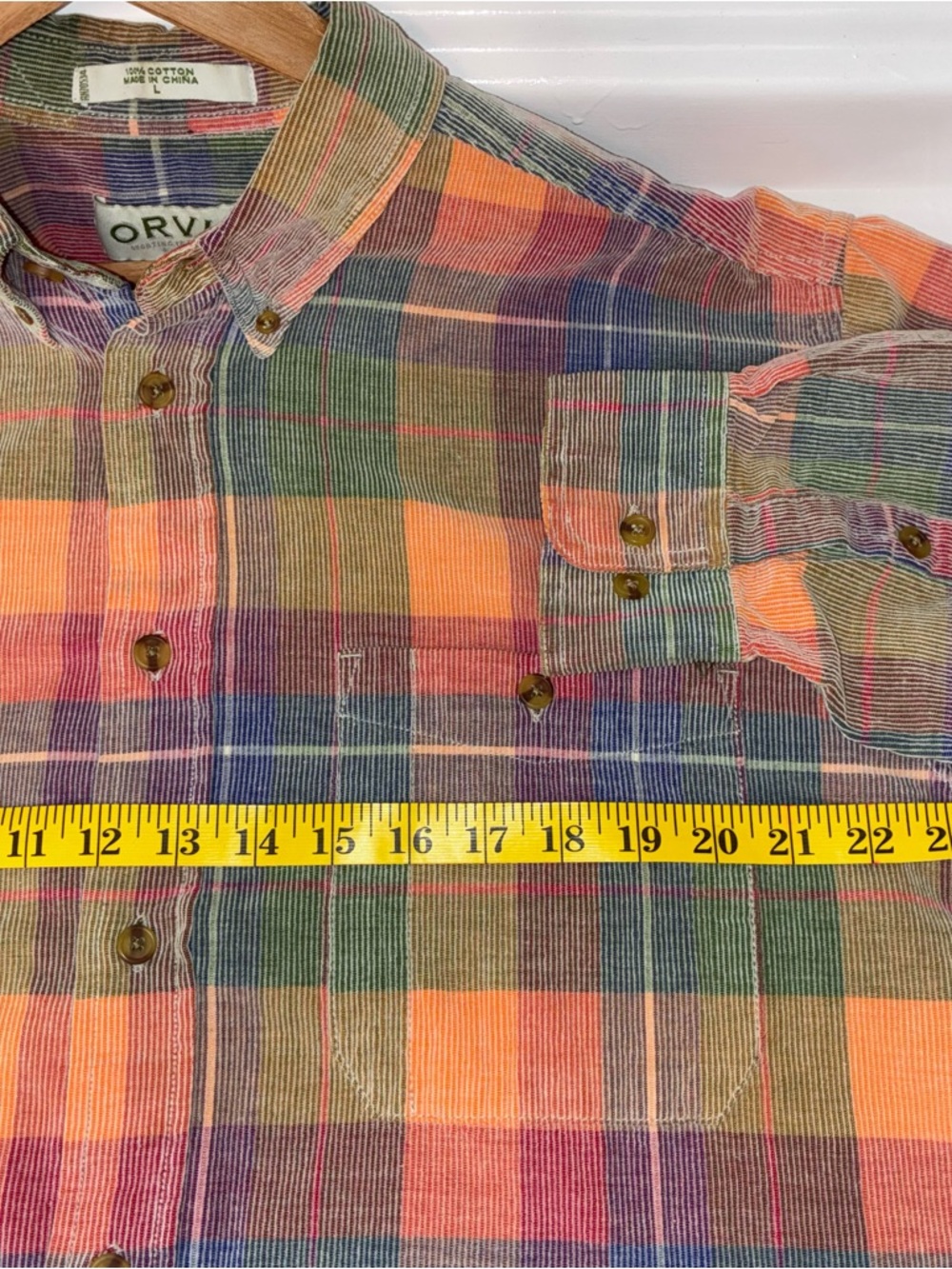 Vintage 90’s Orvis Courdory Plaid Button-Down Shirt — Green, Orange, Purple Sz L - Picture 4 of 7